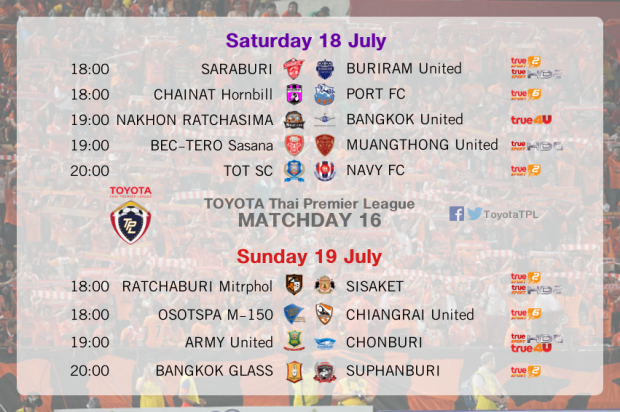 กำหนดการแข่งขันและถ่ายทอดสด Toyota Thai Premier League 2015 นัดที่ 16 ประจำวันที่ 18-19 กรกฎาคม 2015