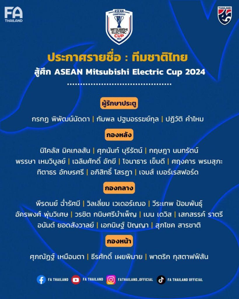 ประกาศ 26 นักเตะช้างศึก ลุยศึกชิงแชมป์อาเซียน 2024