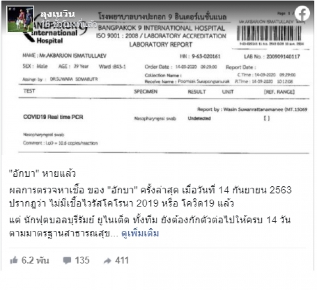 บุรีรัมย์ยืนยัน อัคบาร์ หายจากโควิด-ลุ้นกลับมาเล่นดวลสุพรรณ